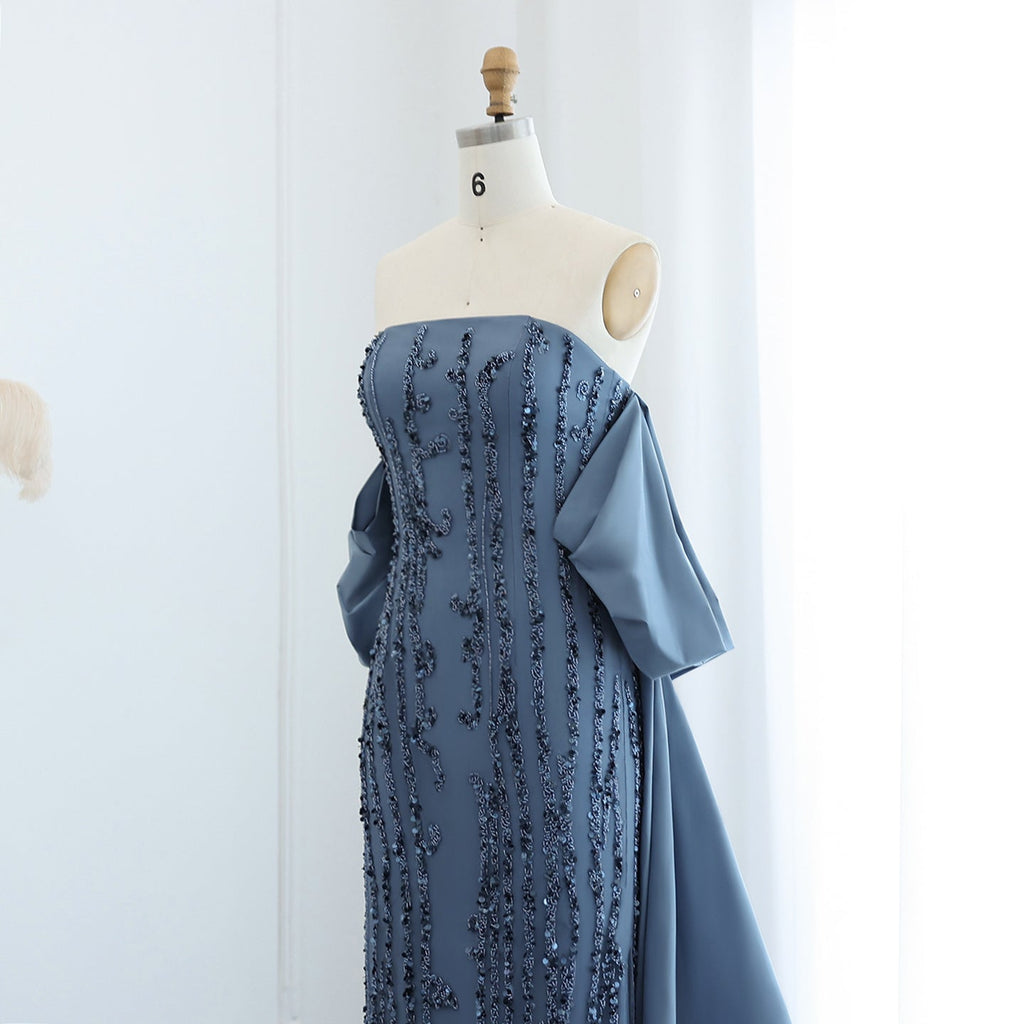 Luxury Beaded Blue Strapless Sheath Evening Dress with Cape SS454