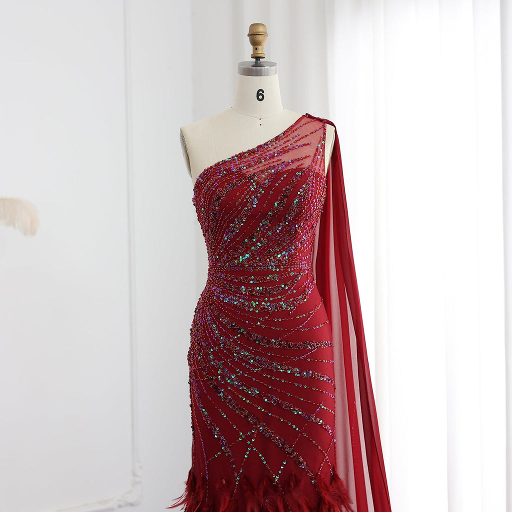 Luxury Feathers Turquoise One Shoulder Mermaid Evening Dress SS498