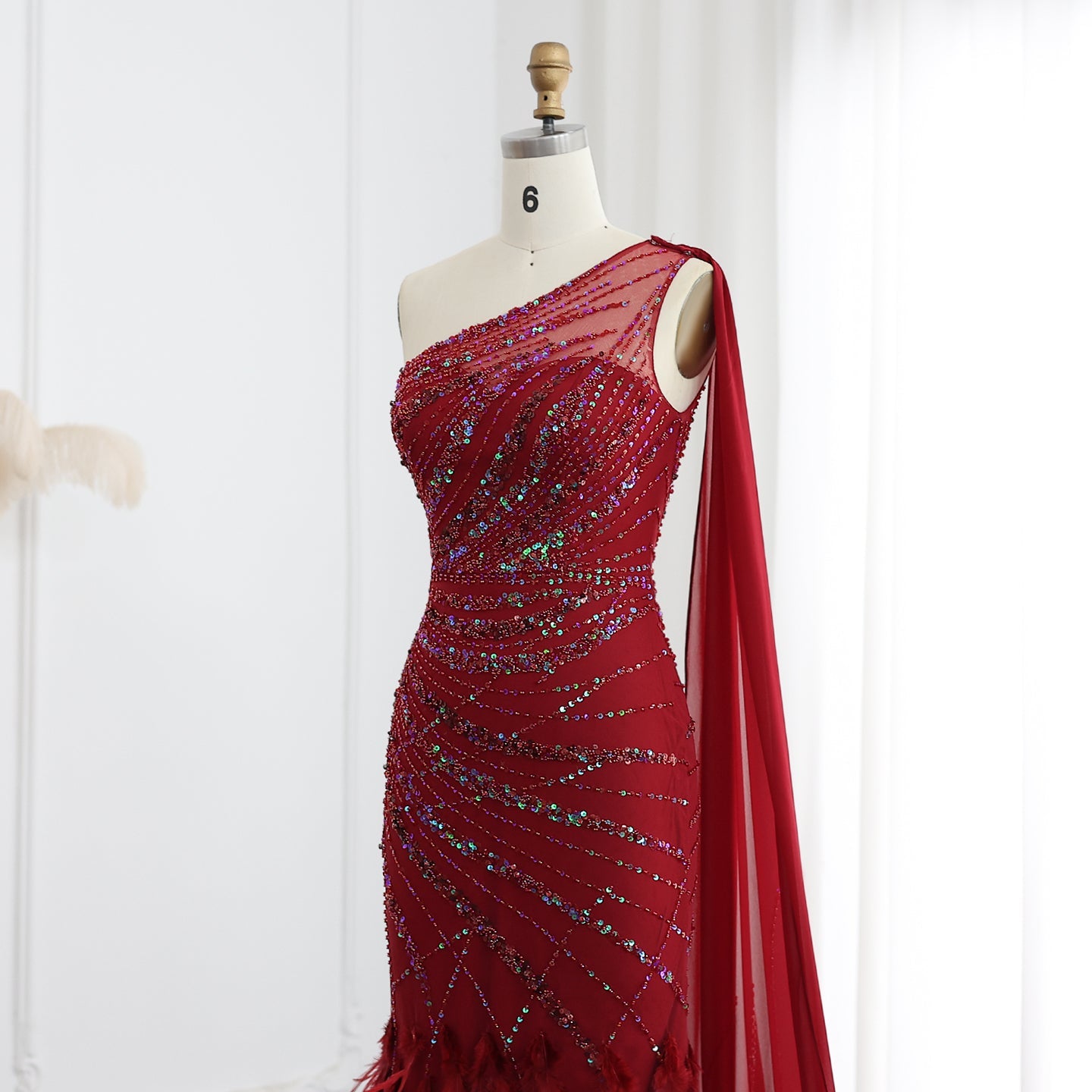 Luxury Feathers Turquoise One Shoulder Mermaid Evening Dress SS498