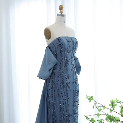Luxury Blue Strapless Evening Dress with Cape SS454