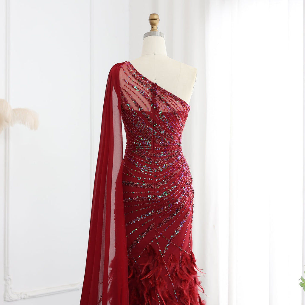Luxury Feathers Turquoise One Shoulder Mermaid Evening Dress SS498