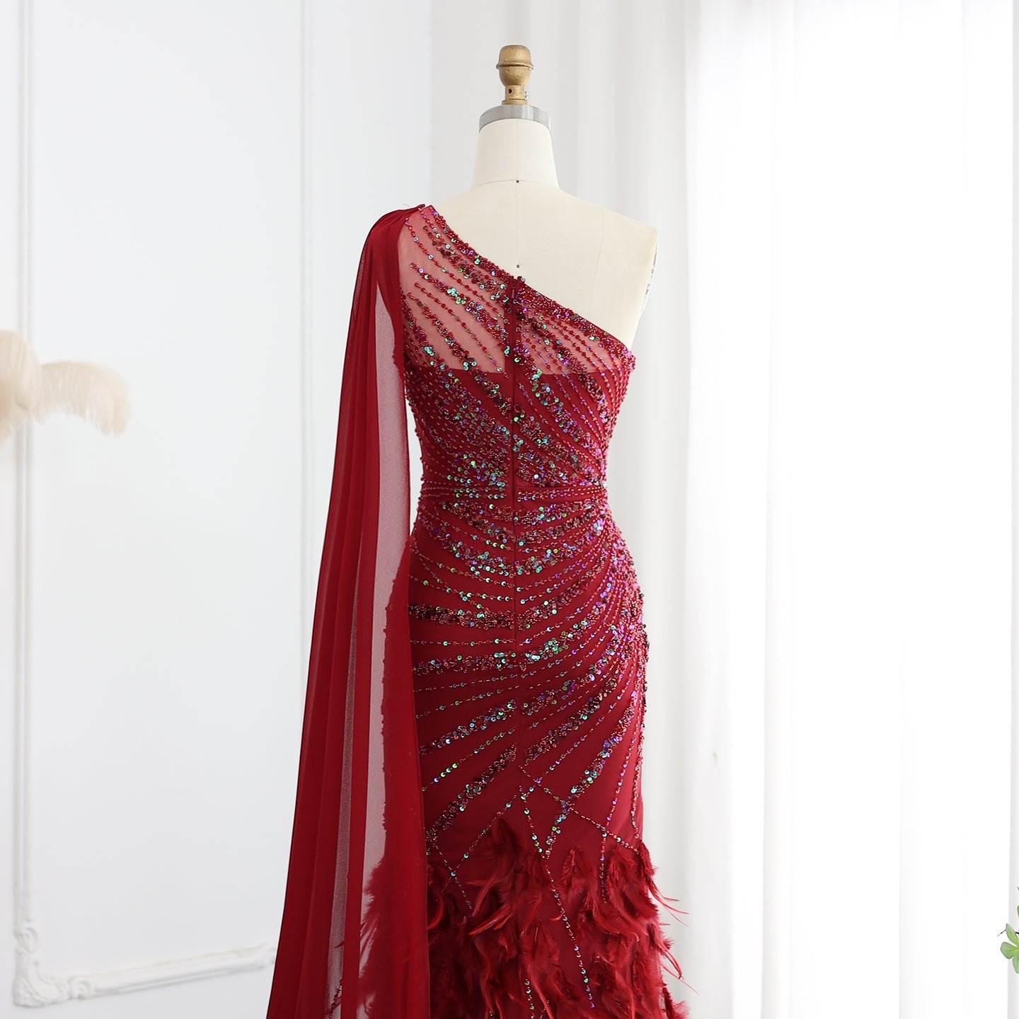 Luxury Feathers Turquoise One Shoulder Mermaid Evening Dress SS498