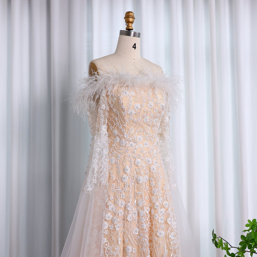 Off Shoulder Feathers Brown Evening Dress with Cape Sleeves SS707