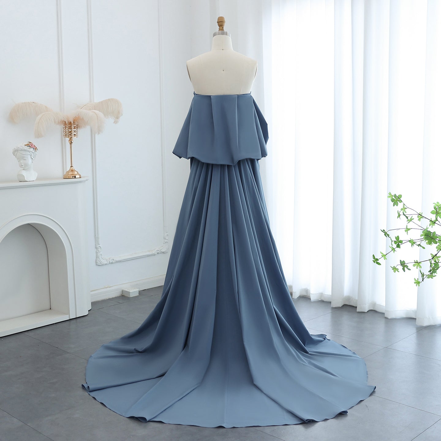 Luxury Beaded Blue Strapless Sheath Evening Dress with Cape SS454
