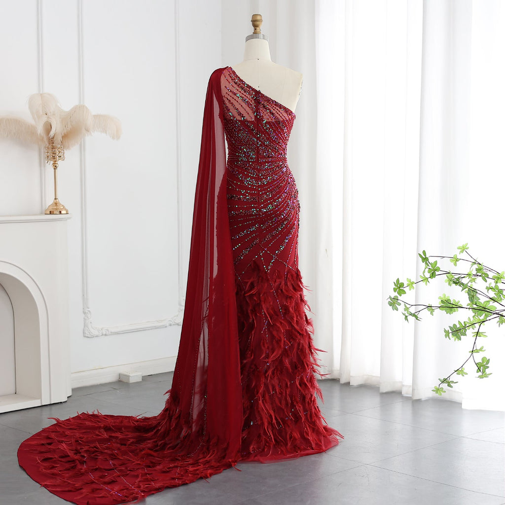 Luxury Feathers Turquoise One Shoulder Mermaid Evening Dress SS498