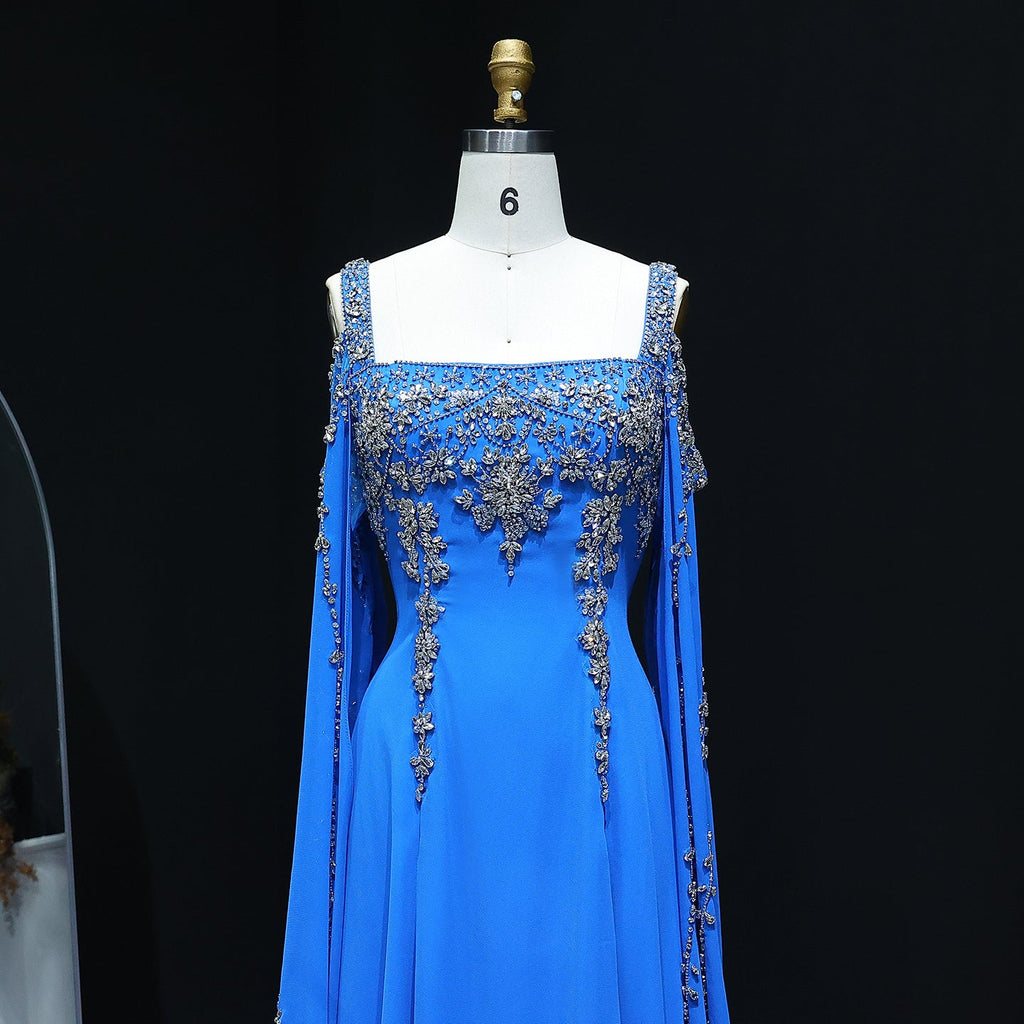 Luxury Crystal Royal Blue Evening Dress with Cape Sleeve SS305