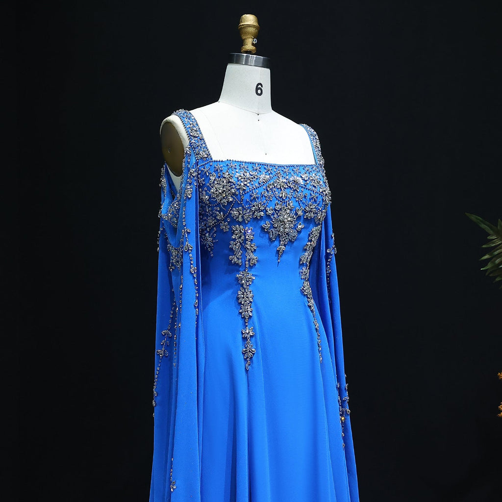 Luxury Crystal Royal Blue Evening Dress with Cape Sleeve SS305