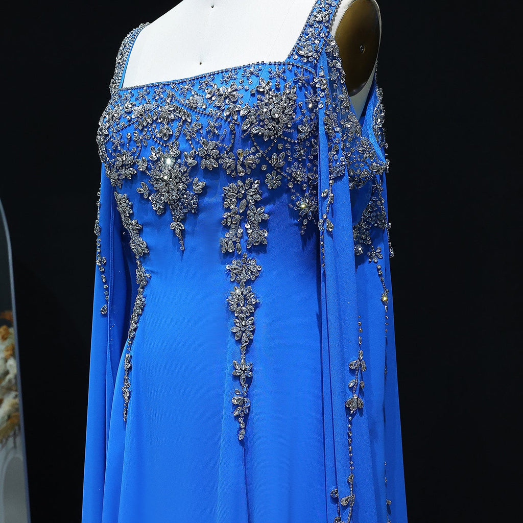 Luxury Crystal Royal Blue Evening Dress with Cape Sleeve SS305