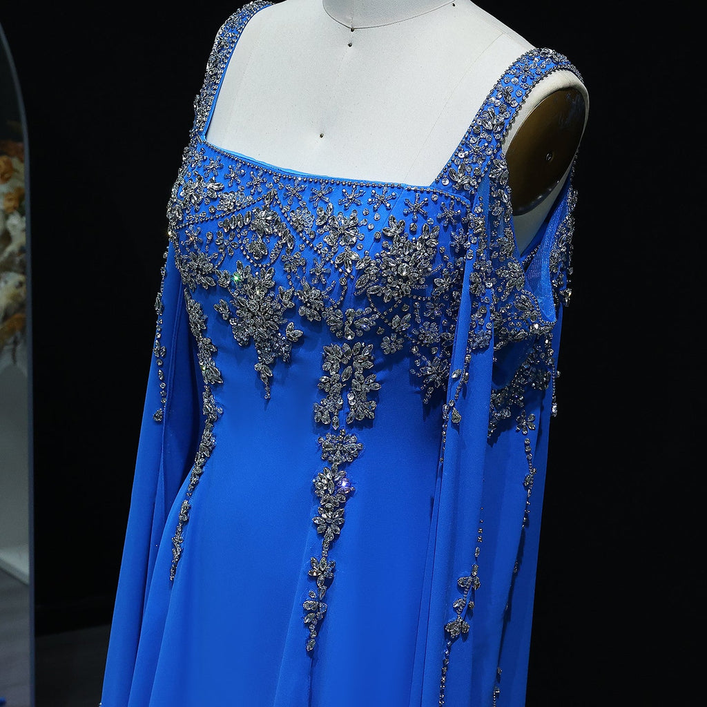 Luxury Crystal Royal Blue Evening Dress with Cape Sleeve SS305