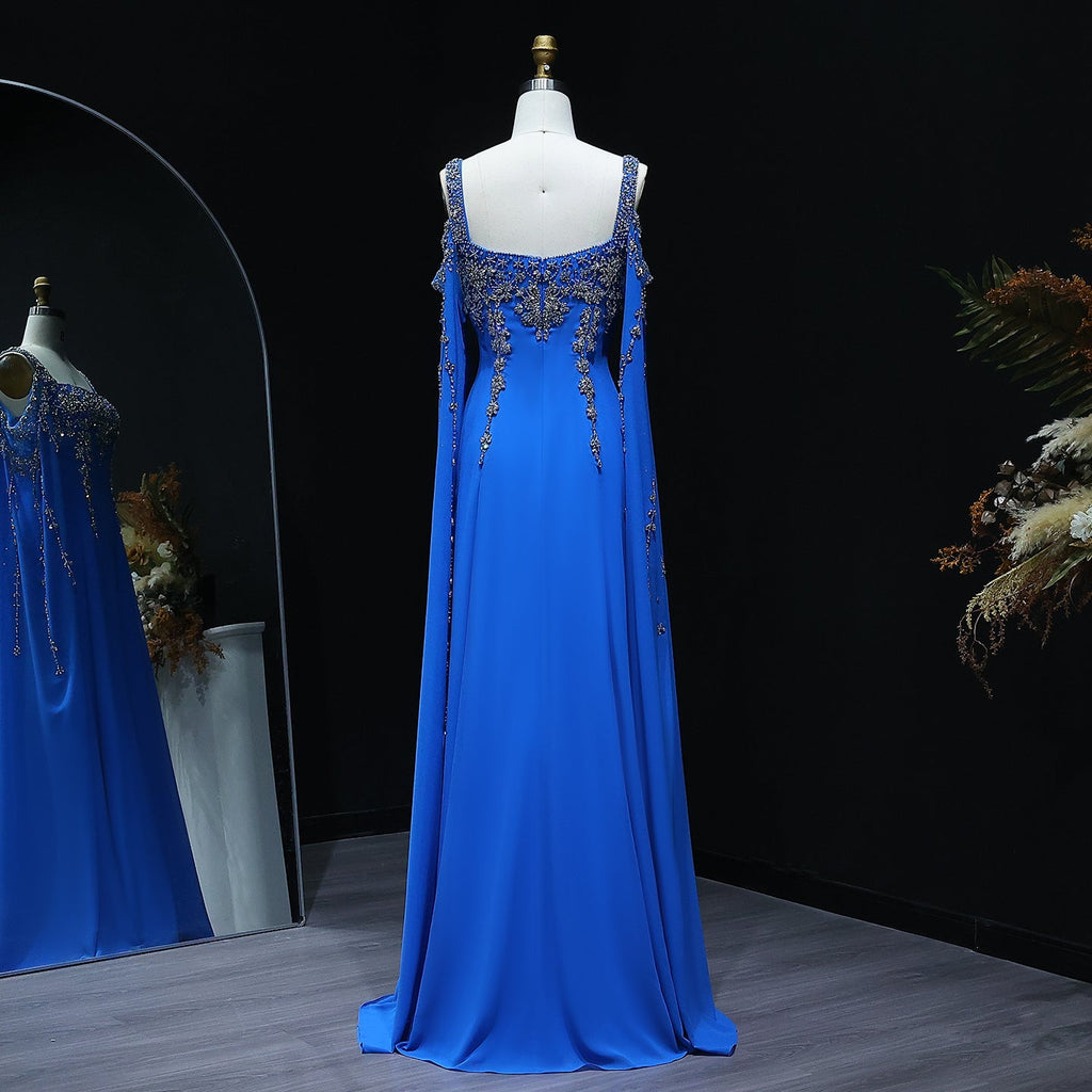 Luxury Crystal Royal Blue Evening Dress with Cape Sleeve SS305
