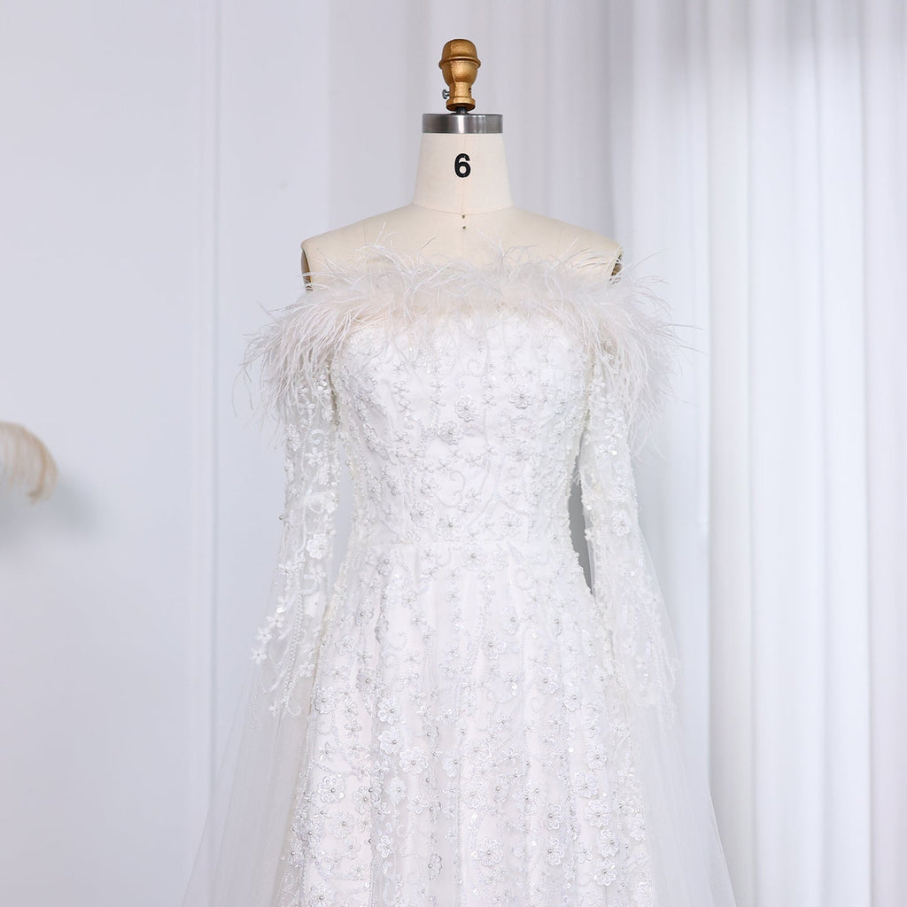 Off Shoulder Feathers Brown Evening Dress with Cape Sleeves SS707