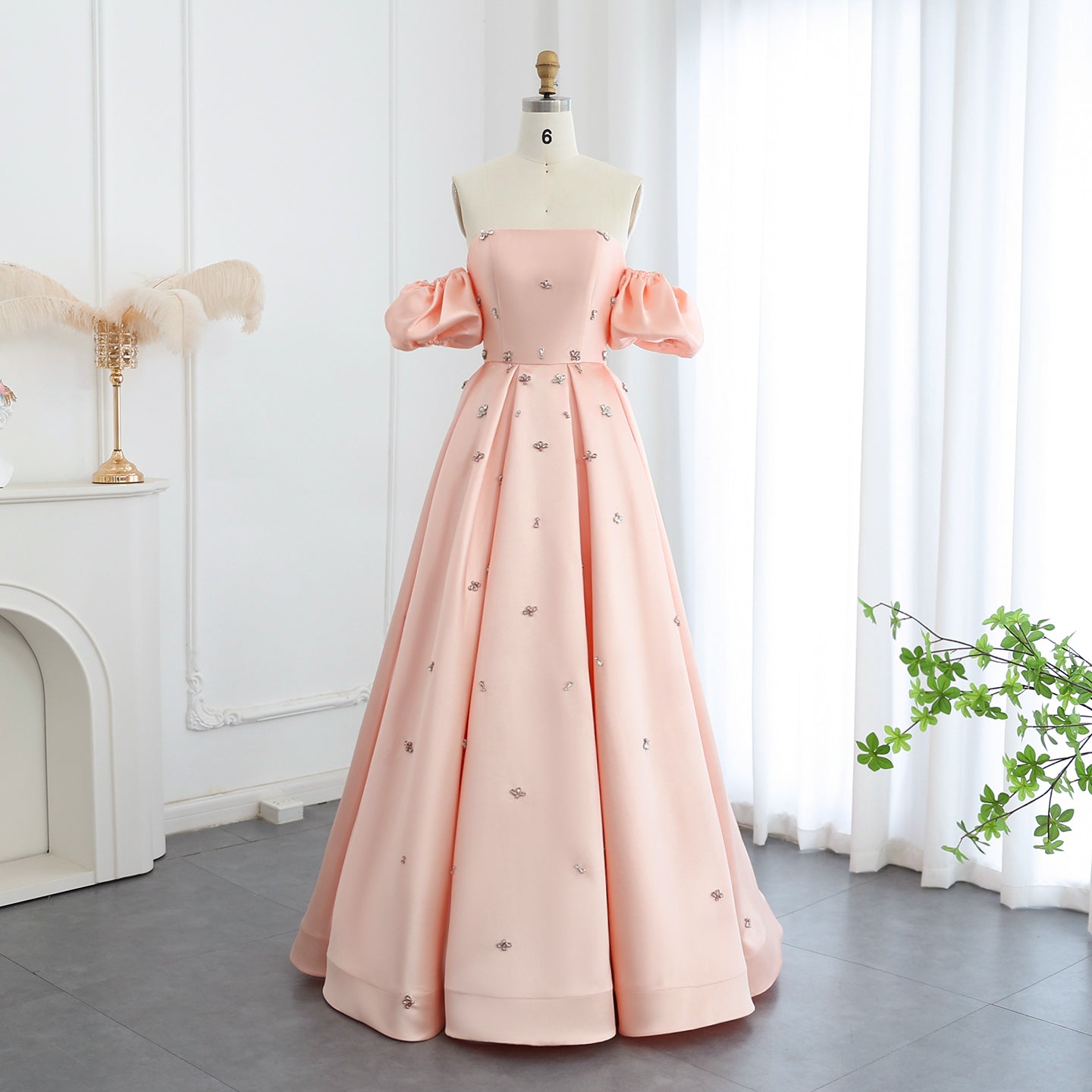 Elegant Crystal Blush Pink Satin Evening Dresses with Cap Sleeves SS442