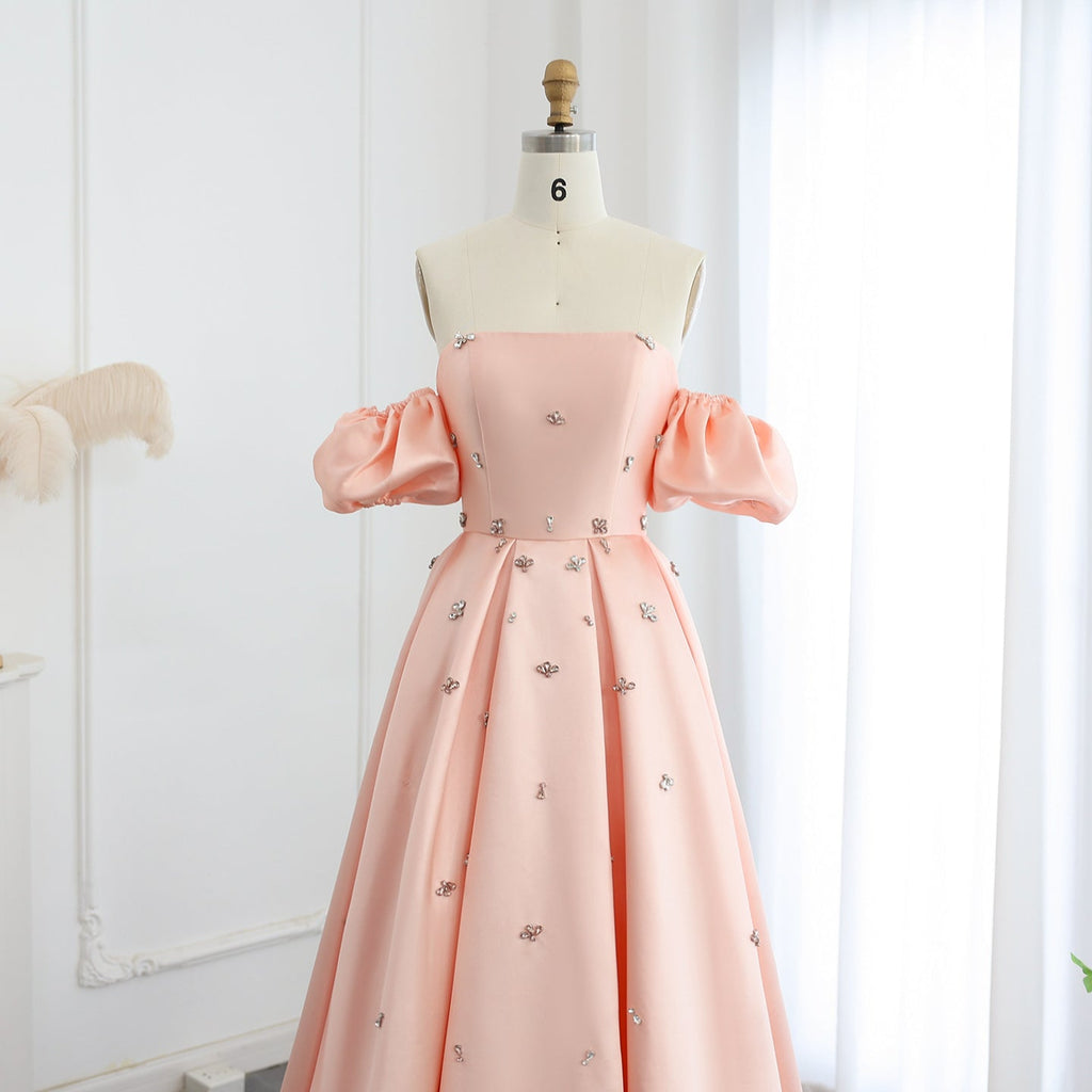 Elegant Crystal Blush Pink Satin Evening Dresses with Cap Sleeves SS442