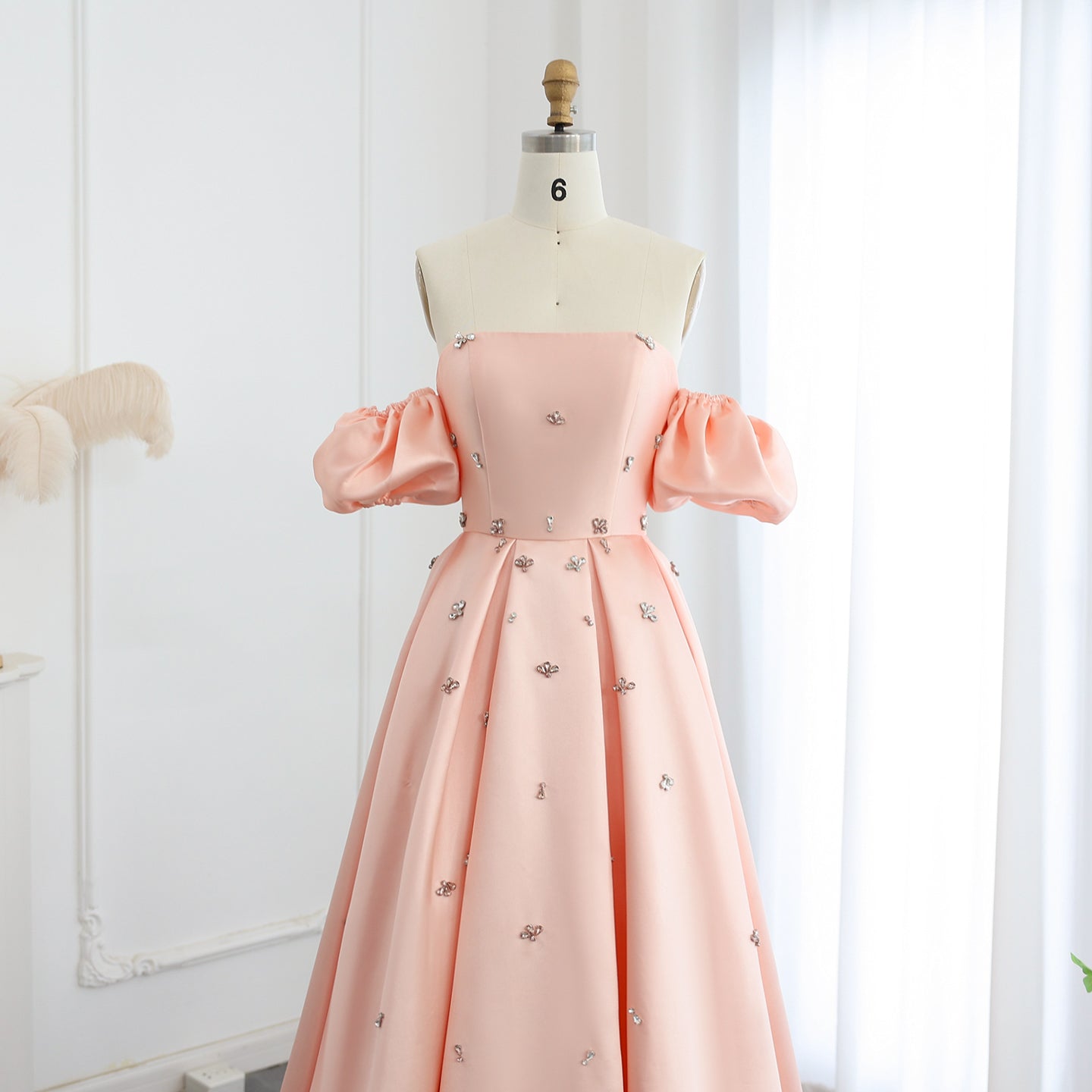 Elegant Crystal Blush Pink Satin Evening Dresses with Cap Sleeves SS442