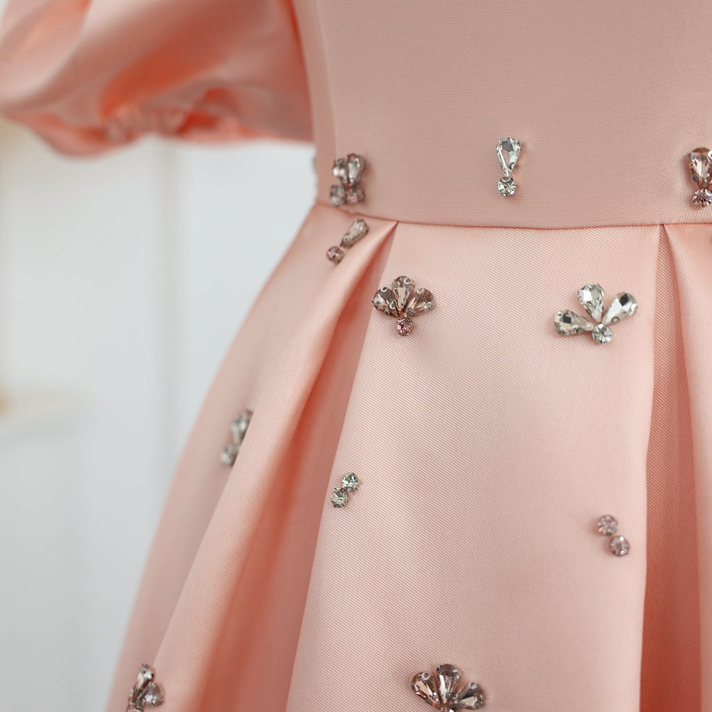 Elegant Crystal Blush Pink Satin Evening Dresses with Cap Sleeves SS442
