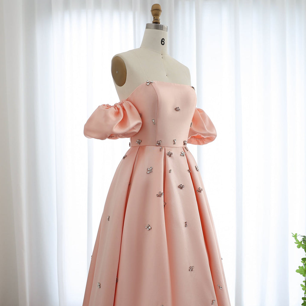 Elegant Crystal Blush Pink Satin Evening Dresses with Cap Sleeves SS442