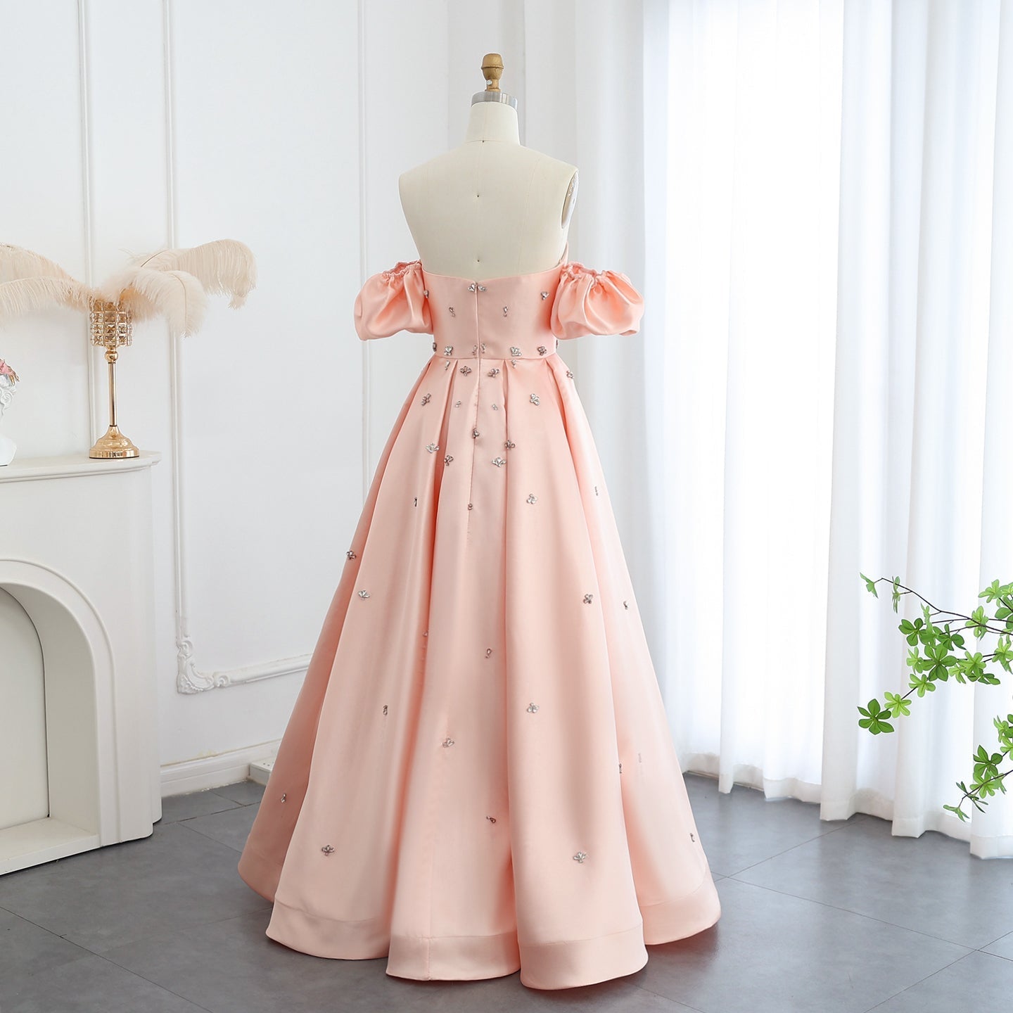 Elegant Crystal Blush Pink Satin Evening Dresses with Cap Sleeves SS442