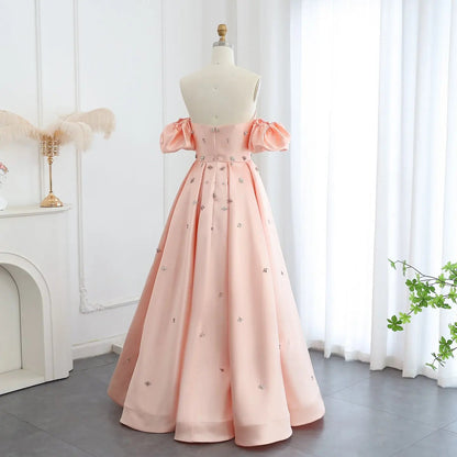 For Sale Crystal Blush Pink Satin Off-Shoulder Evening Dresses SS442