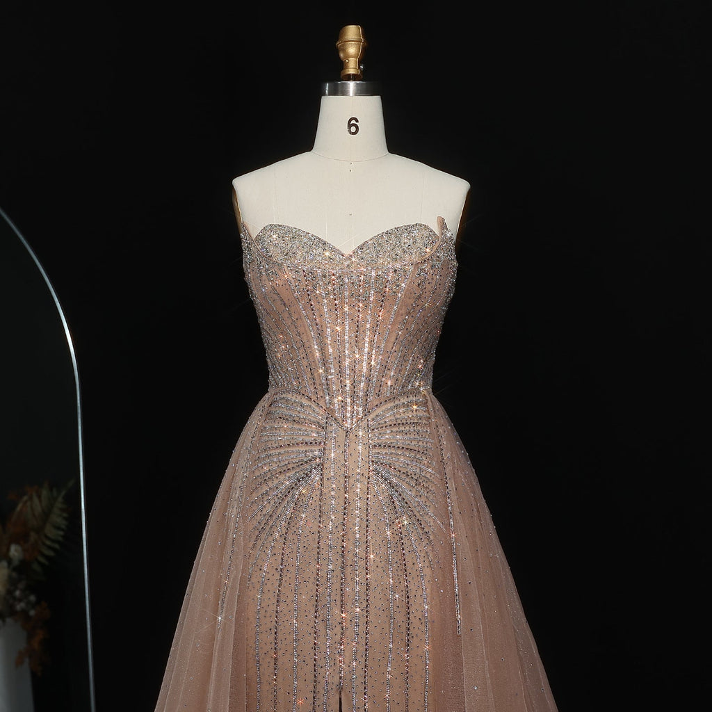 Luxury Beaded Champagne Evening Dress with Overskirt SS360
