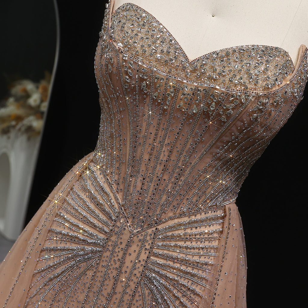 Luxury Beaded Champagne Evening Dress with Overskirt SS360
