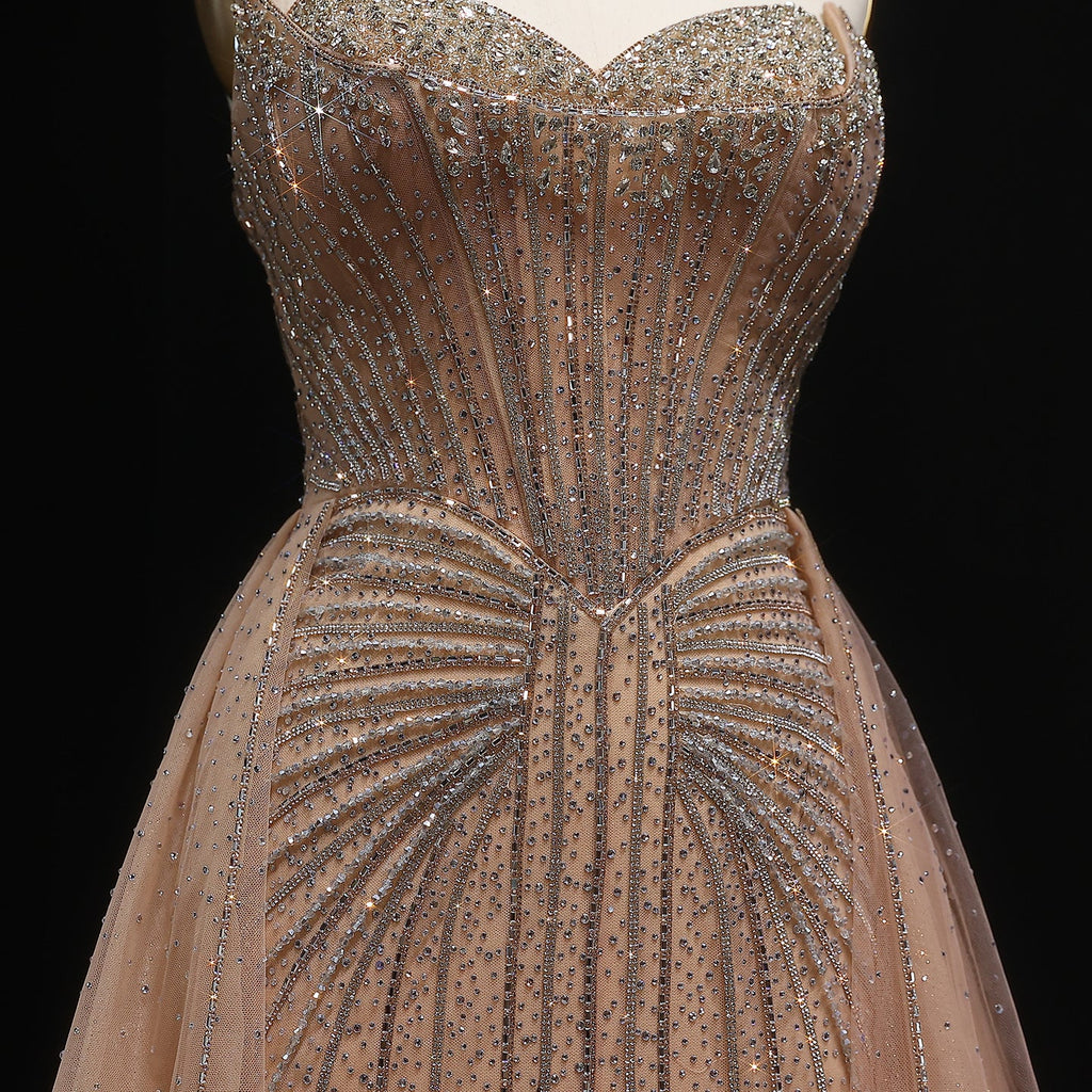 Luxury Beaded Champagne Evening Dress with Overskirt SS360