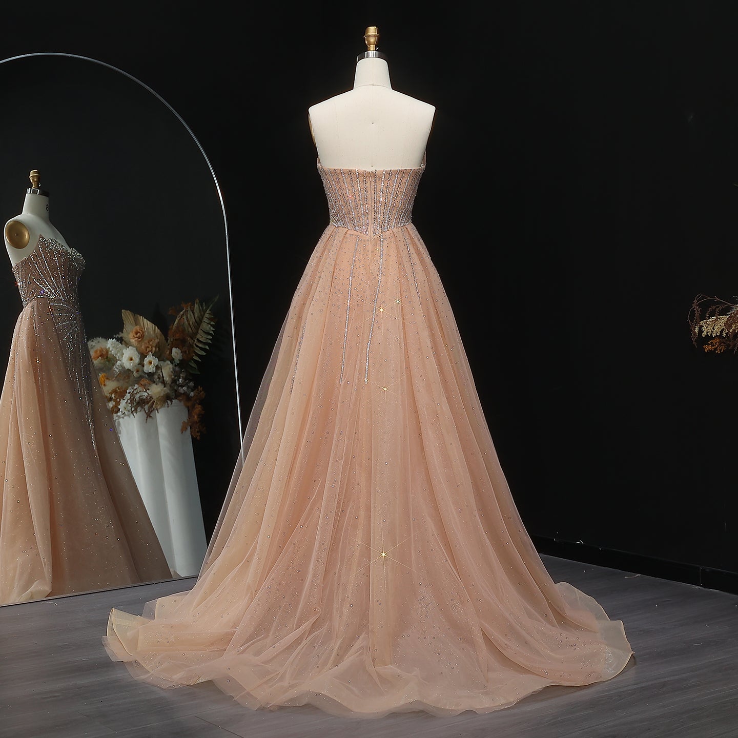 Luxury Beaded Champagne Evening Dress with Overskirt SS360