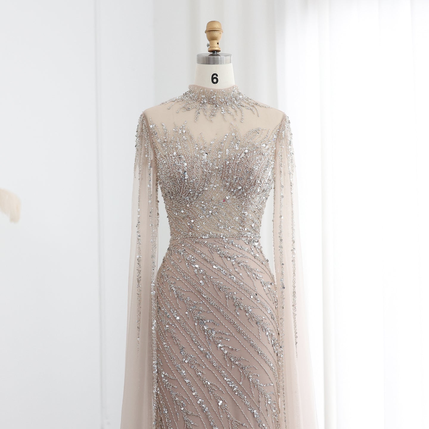 Luxury Black Nude Mermaid Evening Dresses with Cape Sleeves SS162