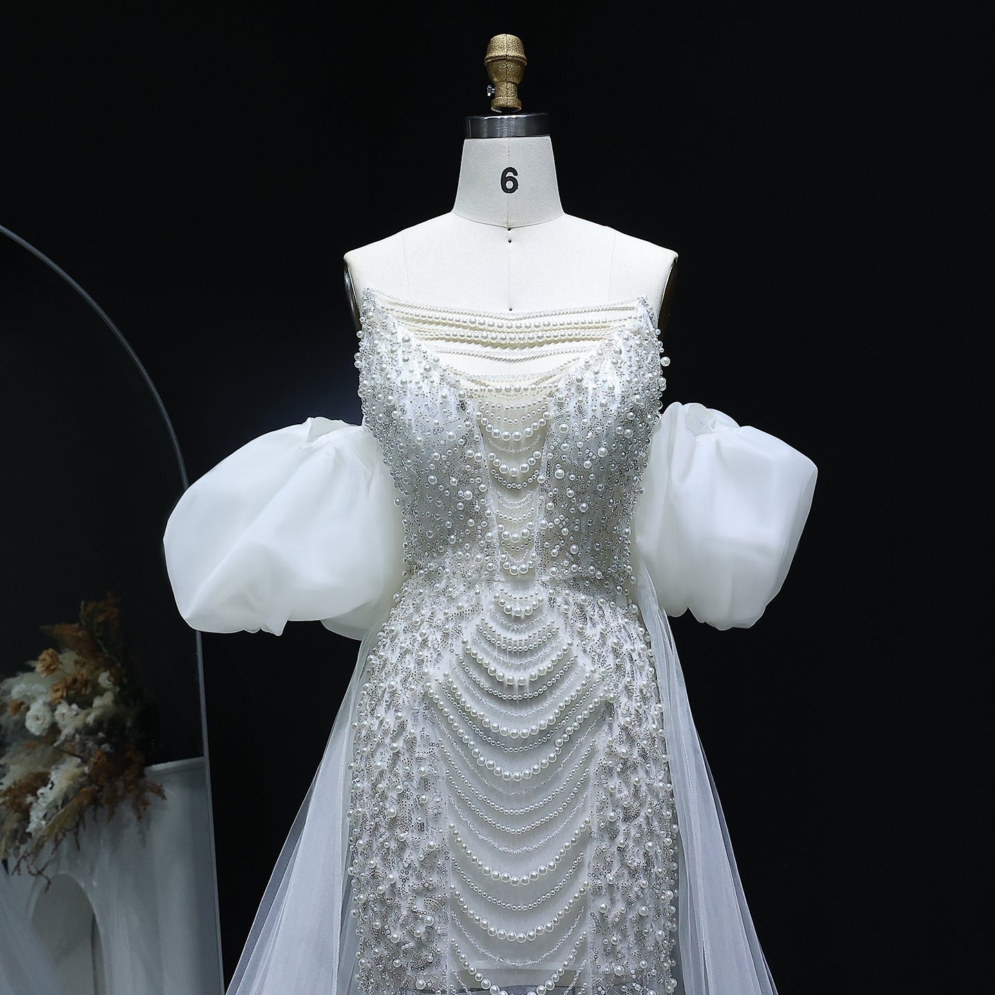 Luxury Silver Beaded Evening Dress with Puff Sleeves/Tulle Train SS289