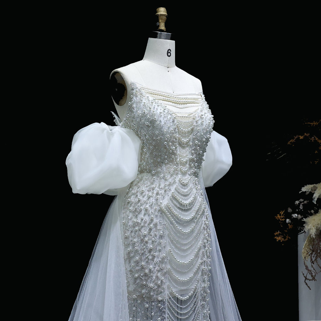 Luxury Silver Beaded Evening Dress with Puff Sleeves/Tulle Train SS289