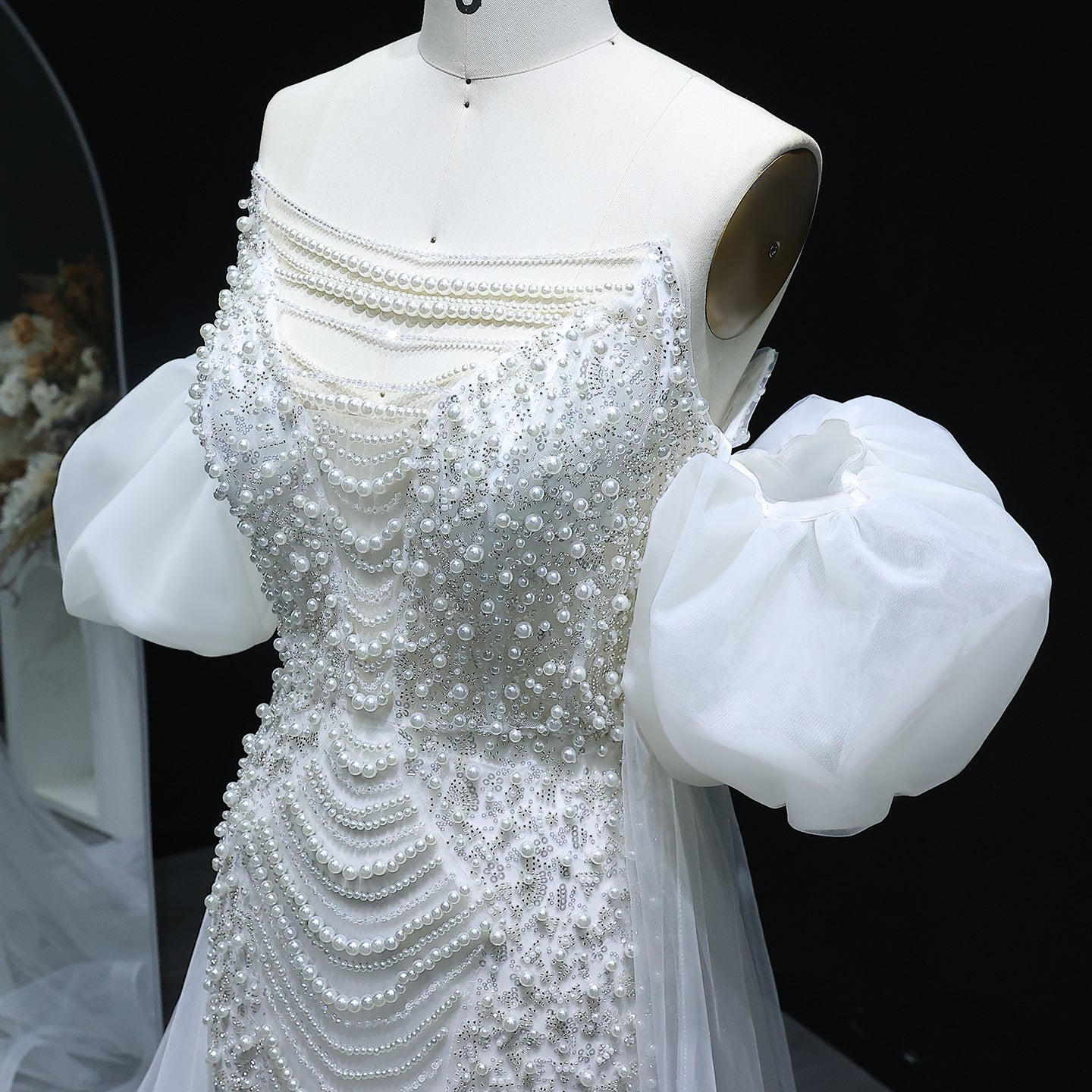 Luxury Silver Beaded Evening Dress with Puff Sleeves/Tulle Train SS289