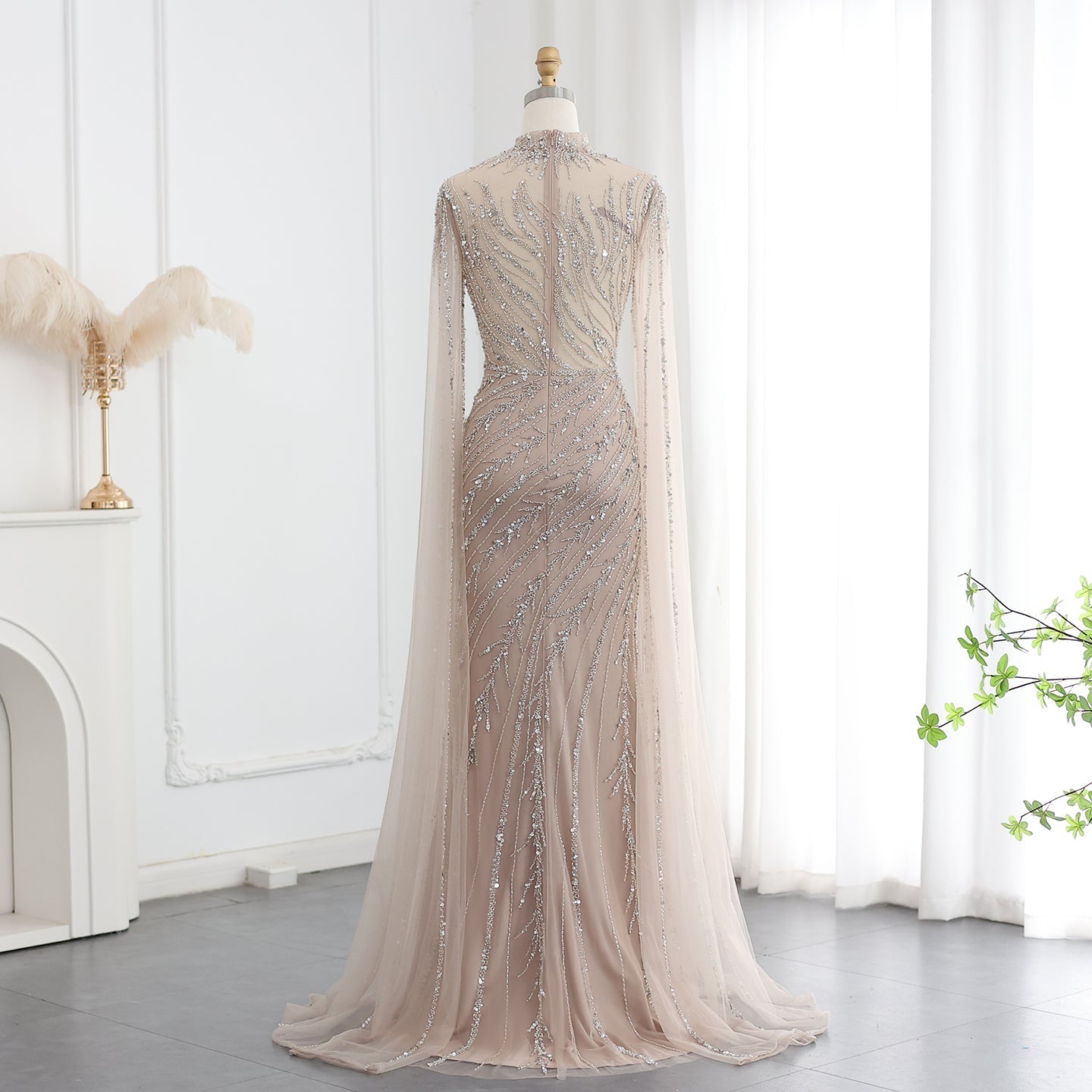 Luxury Black Nude Mermaid Evening Dresses with Cape Sleeves SS162