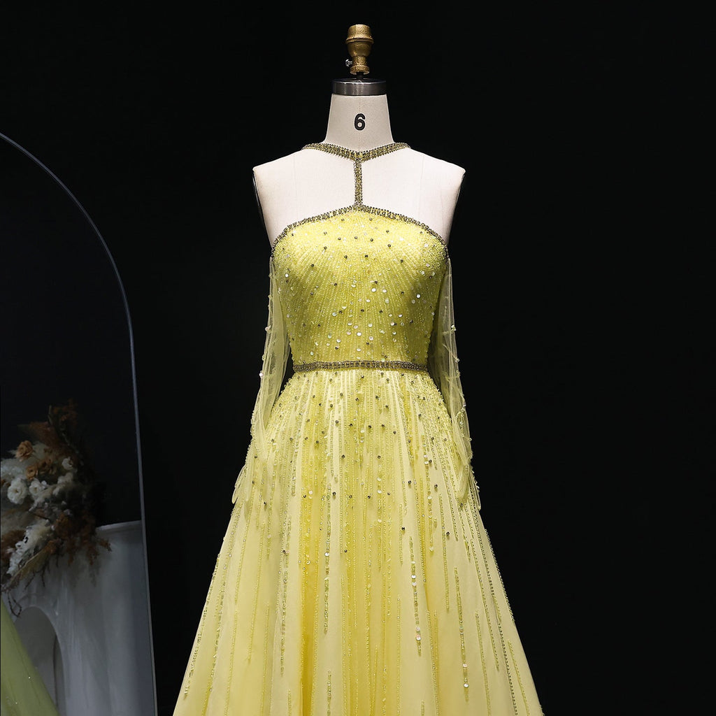 Sparkly Beaded Yellow Halter Neck Evening Dress with Gloves SS313