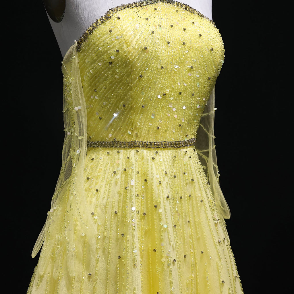 Sparkly Beaded Yellow Halter Neck Evening Dress with Gloves SS313
