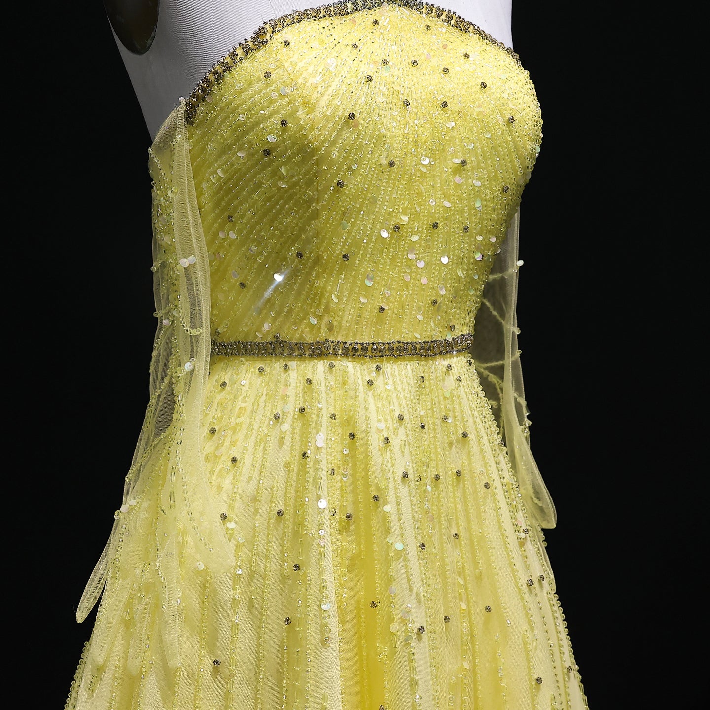Sparkly Beaded Yellow Halter Neck Evening Dress with Gloves SS313