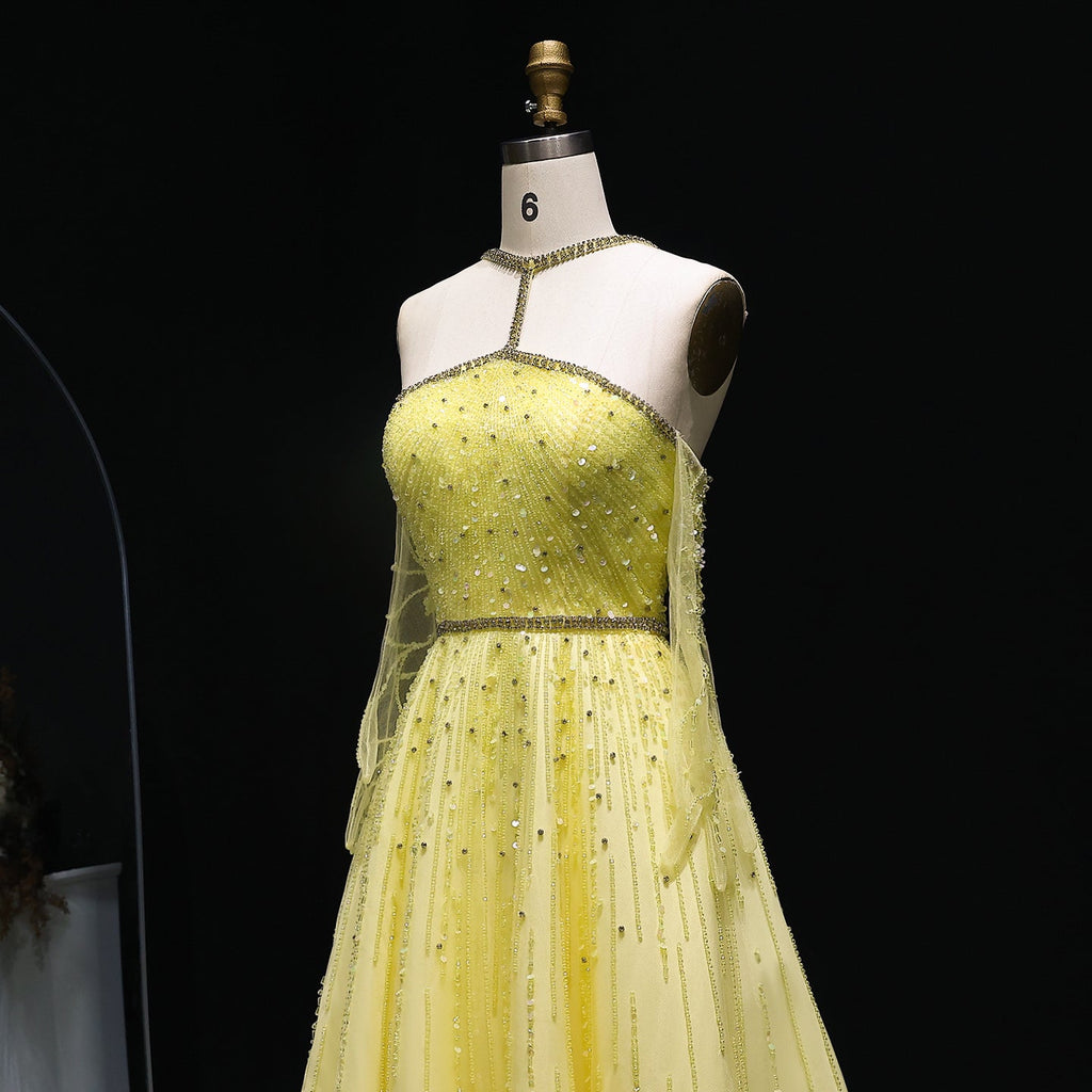 Sparkly Beaded Yellow Halter Neck Evening Dress with Gloves SS313