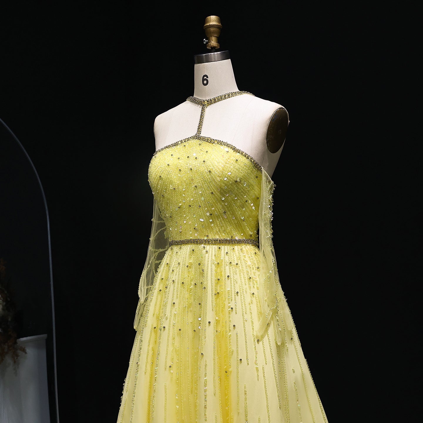 Sparkly Beaded Yellow Halter Neck Evening Dress with Gloves SS313