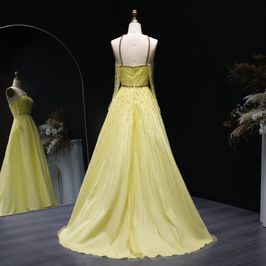 Sparkly Beaded Yellow Halter Neck Evening Dress with Gloves SS313