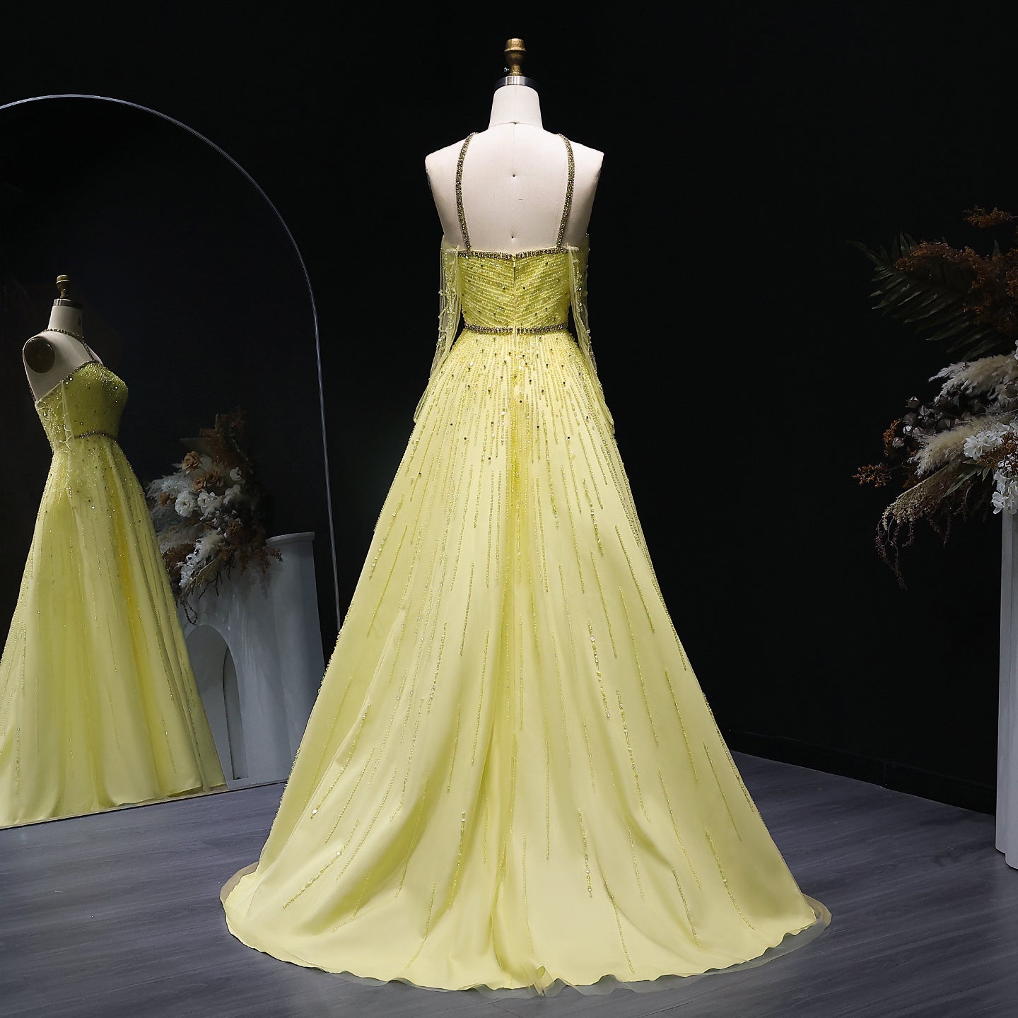 Sparkly Beaded Yellow Halter Neck Evening Dress with Gloves SS313