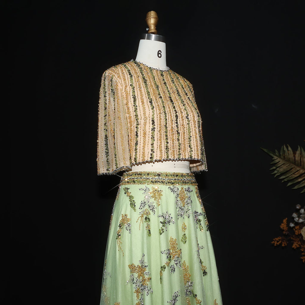 Luxury Blue Yellow 2 Pieces A-Line Half Sleeves Evening Dress SS490