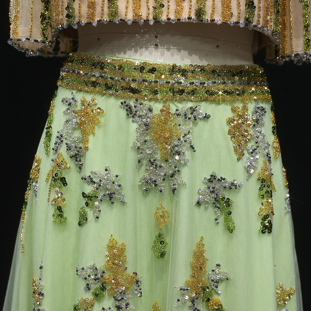 Luxury Blue Yellow 2 Pieces A-Line Half Sleeves Evening Dress SS490