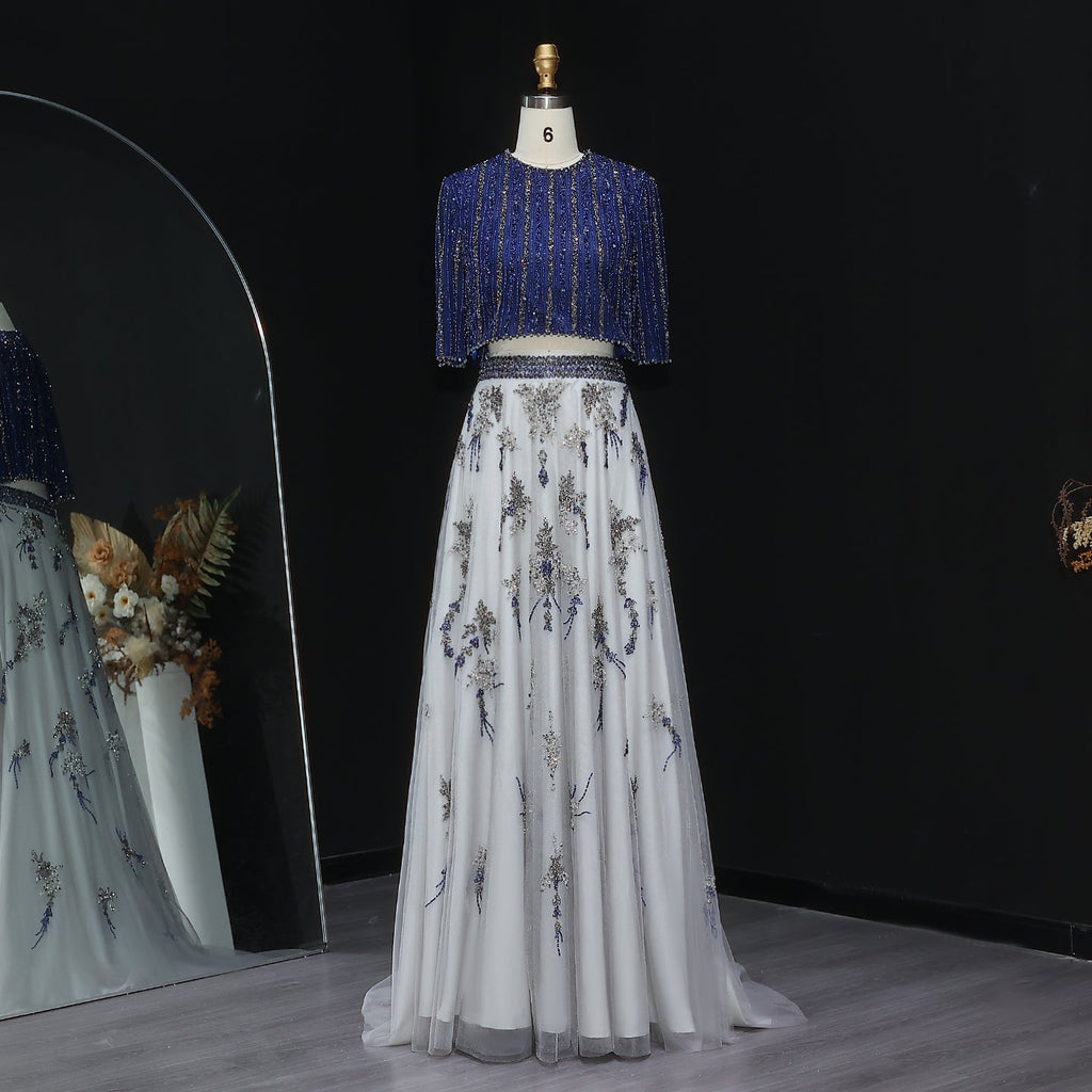 Luxury Blue Yellow 2 Pieces A-Line Half Sleeves Evening Dress SS490