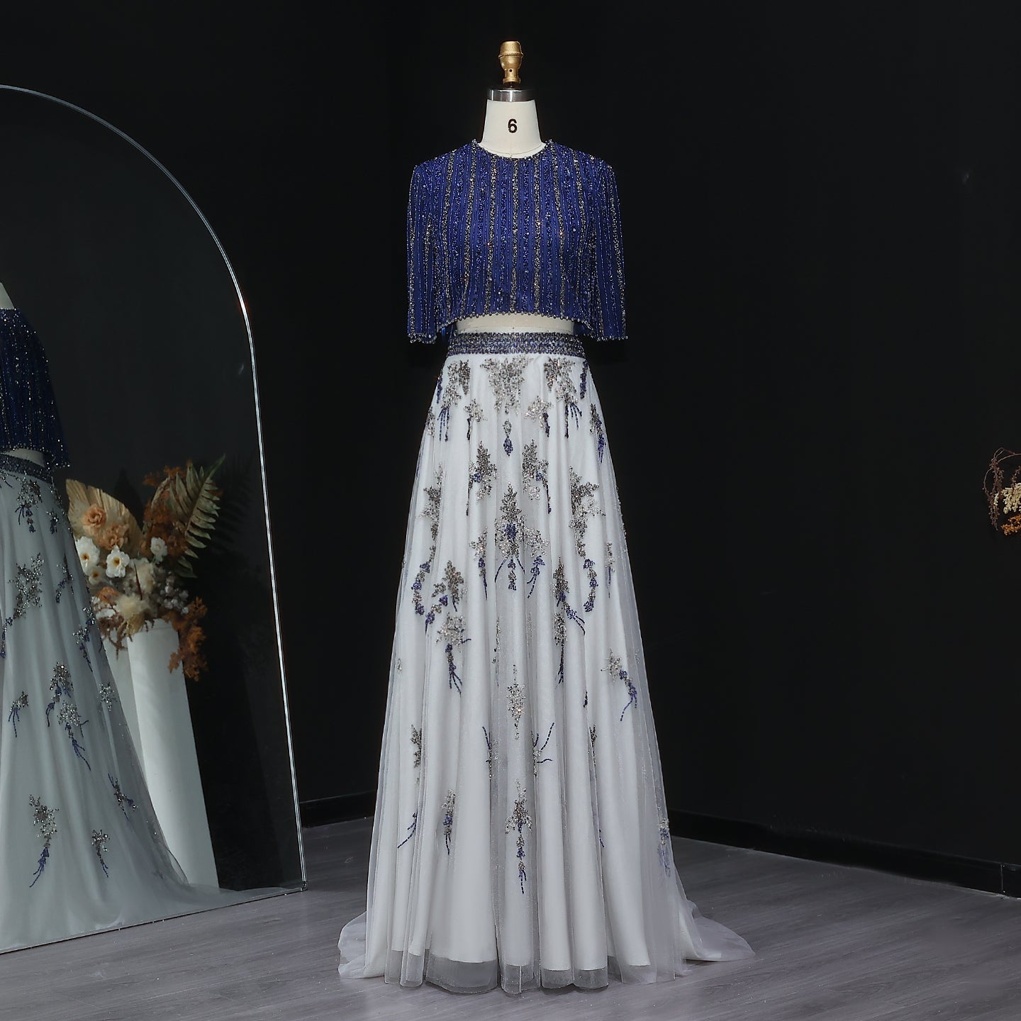 Luxury Blue Yellow 2 Pieces A-Line Half Sleeves Evening Dress SS490