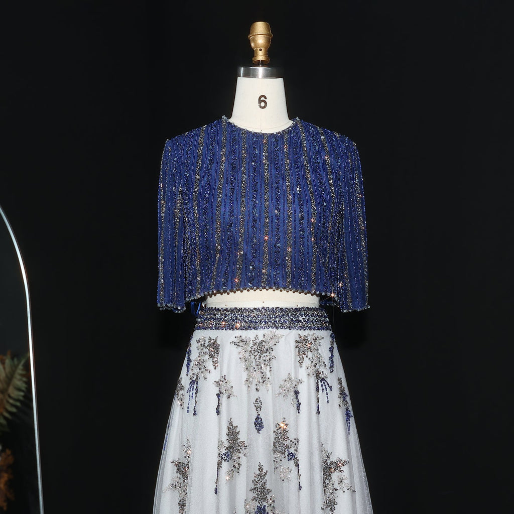 Luxury Blue Yellow 2 Pieces A-Line Half Sleeves Evening Dress SS490