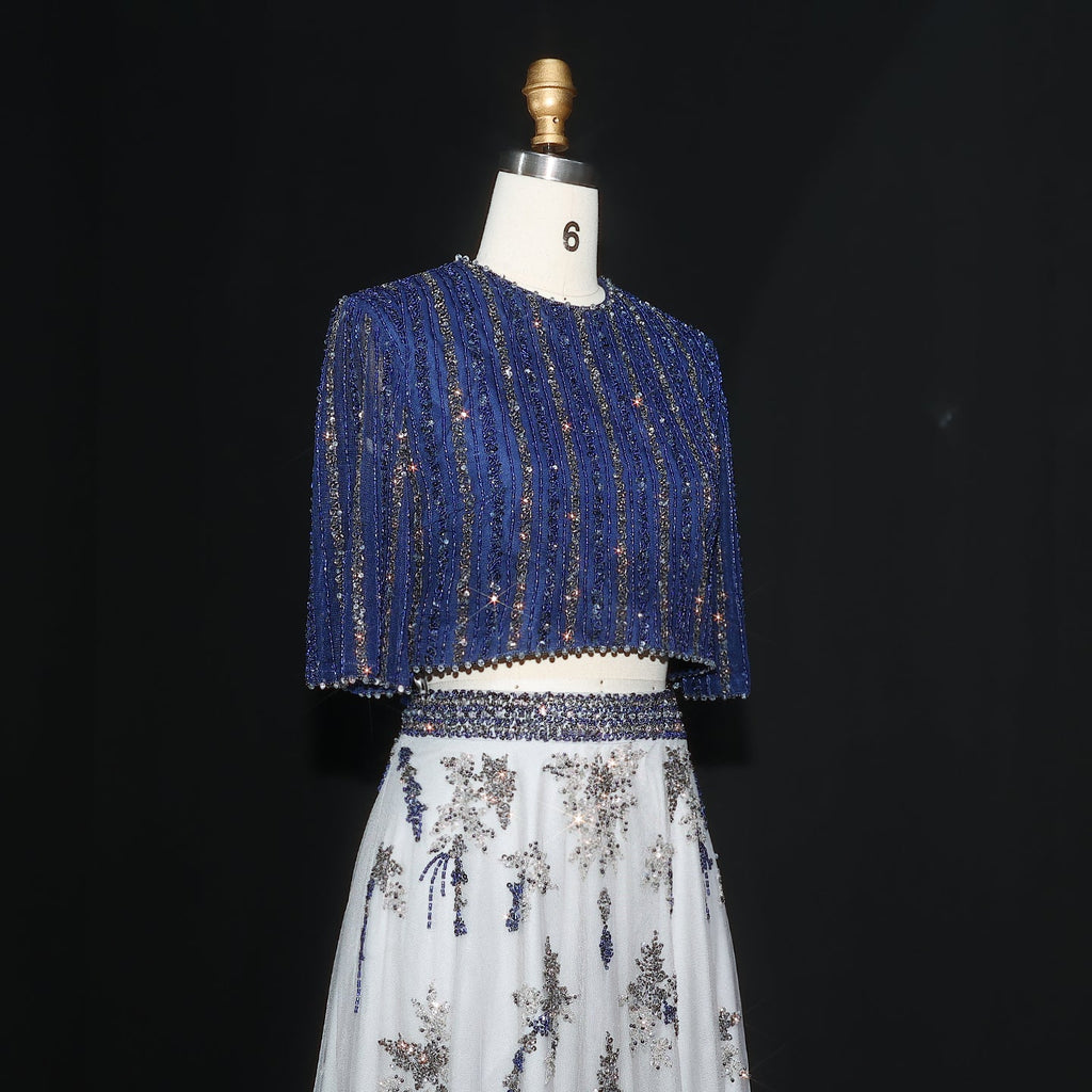 Luxury Blue Yellow 2 Pieces A-Line Half Sleeves Evening Dress SS490