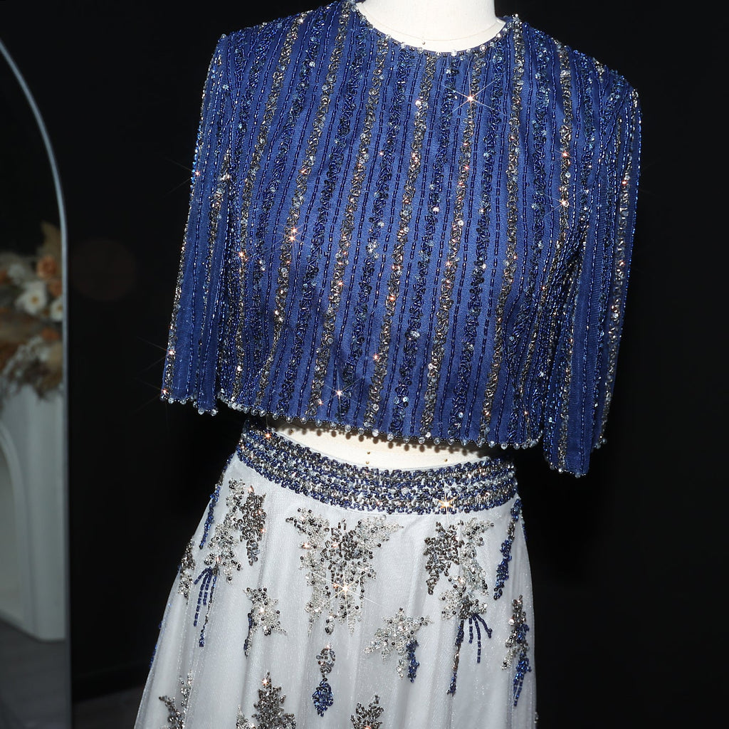 Luxury Blue Yellow 2 Pieces A-Line Half Sleeves Evening Dress SS490