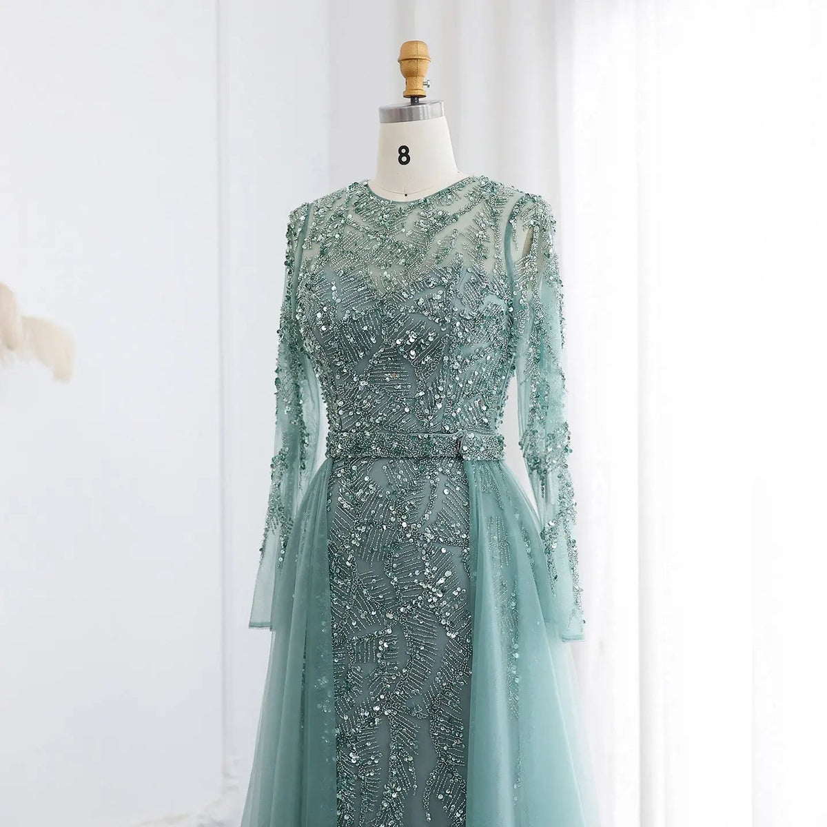 Luxury Turquoise Long Sleeve Evening Dress with Overskirt SS183