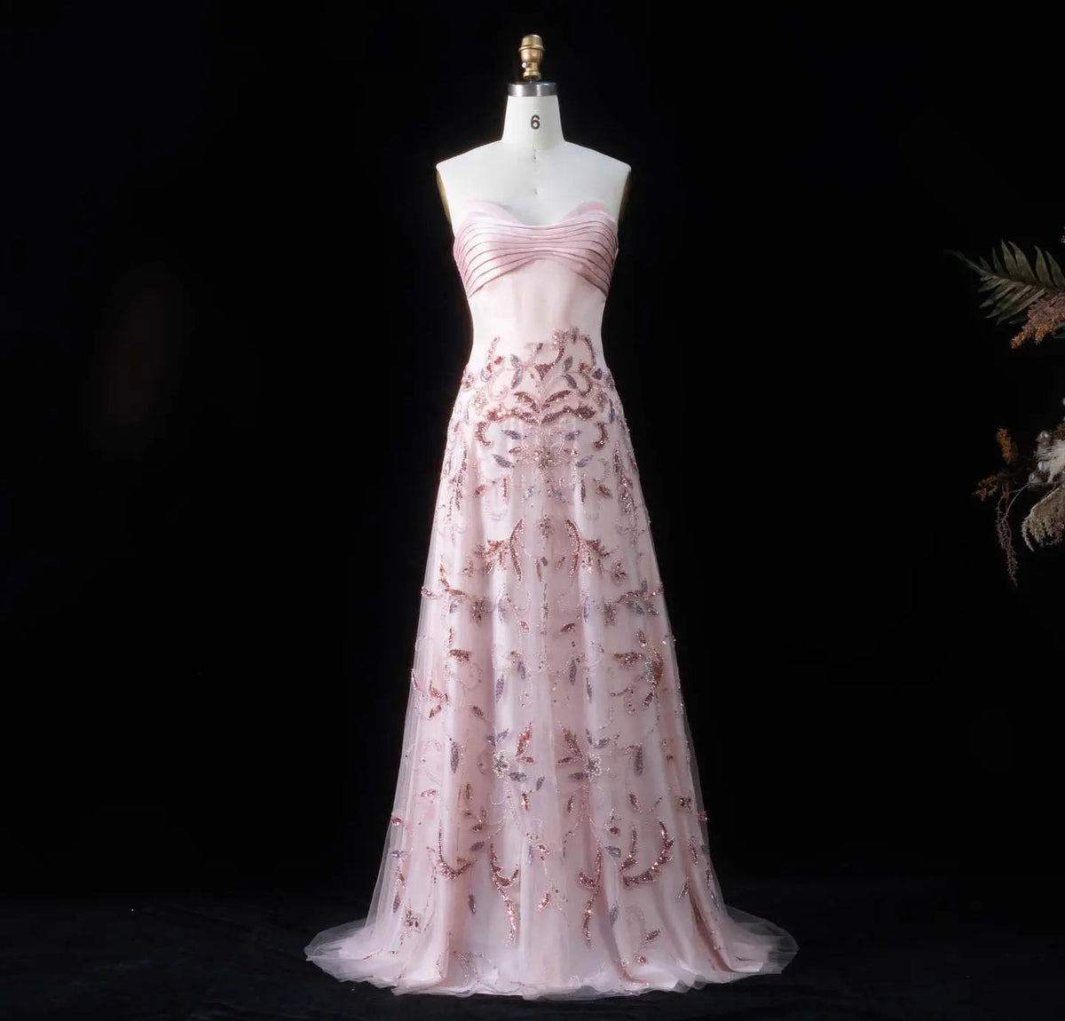 Luxury Pink Embroidered Beaded Strapless Fitted Evening Dress SS529