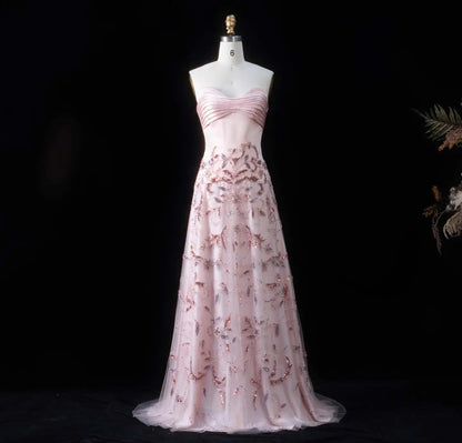 Luxury Pink Embroidered Beaded Strapless Fitted Evening Dress SS529