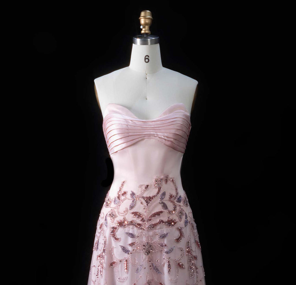 Elegant Pink Beaded Embroidered Strapless Evening Dress SS529