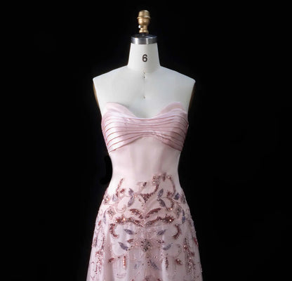 Luxury Pink Embroidered Beaded Strapless Fitted Evening Dress SS529